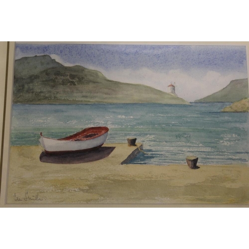 24 - THREE ASSORTED WATERCOLOURS TO INCLUDE SEASCAPES TOGETHER WITH AN OIL PAINTING OF BUILDINGS IN A RUR... 