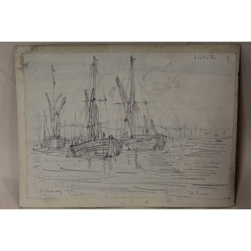 33 - CIRCLE OF LAWRENCE STEPHEN LOWRY - AN UNFRAMED PENCIL SKETCH OF SAILBOATS AT SEA, SIZE H 18CM BY W 2... 