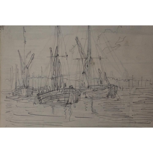 33 - CIRCLE OF LAWRENCE STEPHEN LOWRY - AN UNFRAMED PENCIL SKETCH OF SAILBOATS AT SEA, SIZE H 18CM BY W 2... 