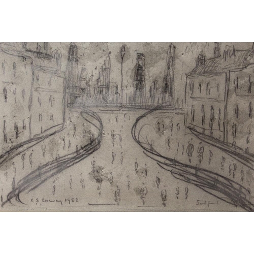 38 - CIRCLE OF L.S LOWRY AN UNFRAMED MOUNTED PENCIL SKETCH OF A BUSY STREET SCENE IN SALFORD SIZE - 25.5C... 