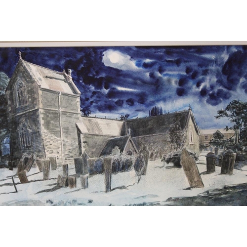 40 - THREE ASSORTED WATERCOLOURS TO INCLUDE AN UNFRAMED MOONLIT CHURCHYARD SCENE