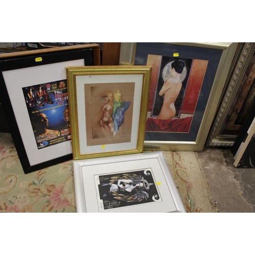 43 - A COLLECTION OF MODERN PRINTS AND MIRRORS ETC. TO INCLUDE A MCCALL V BRUNO PRINT, OAK FRAMED OVERMAN... 