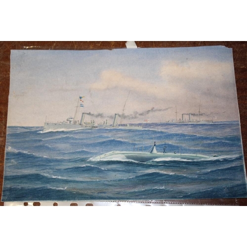 45 - (XX) Naval scene with battleships and submarine, signed with monogram lower right, watercolour, unfr... 