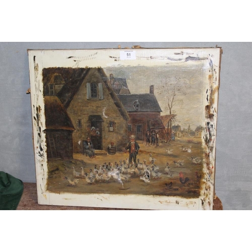 51 - AN UNFRAMED ANTIQUE OIL ON CANVAS DEPICTING A FIGURE WITH GEESE IN A STREET SCENE INITIALLED JMV 191... 