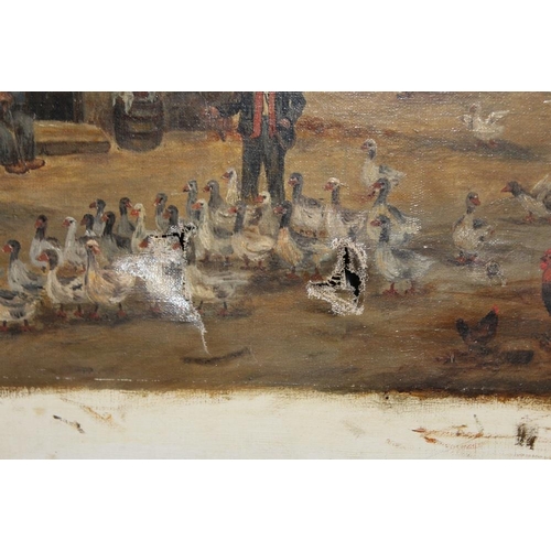 51 - AN UNFRAMED ANTIQUE OIL ON CANVAS DEPICTING A FIGURE WITH GEESE IN A STREET SCENE INITIALLED JMV 191... 