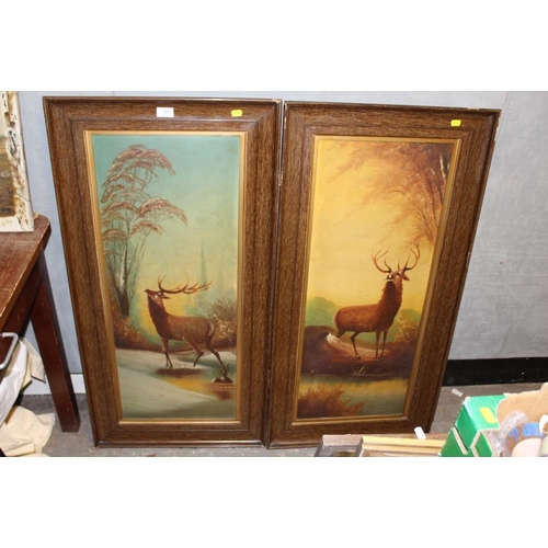 53 - A PAIR OF LARGE FRAMED VINTAGE OIL PAINTINGS ON BOARD DEPICTING STAGS SIZE - 87CM X 36CM