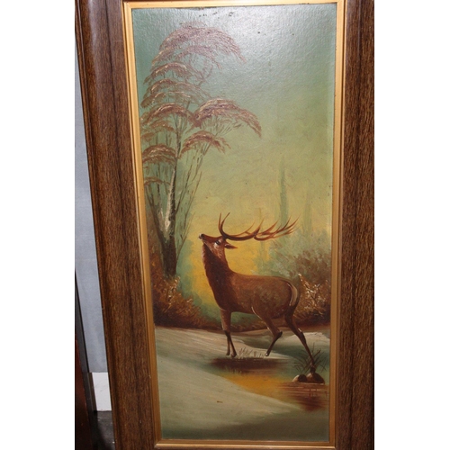 53 - A PAIR OF LARGE FRAMED VINTAGE OIL PAINTINGS ON BOARD DEPICTING STAGS SIZE - 87CM X 36CM