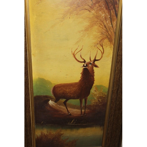 53 - A PAIR OF LARGE FRAMED VINTAGE OIL PAINTINGS ON BOARD DEPICTING STAGS SIZE - 87CM X 36CM