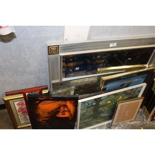 56 - A MODERN BEVEL EDGED WALL MIRROR TOGETHER WITH A QUANTITY OF PRINTS, OIL ON CANVAS ETC (13)