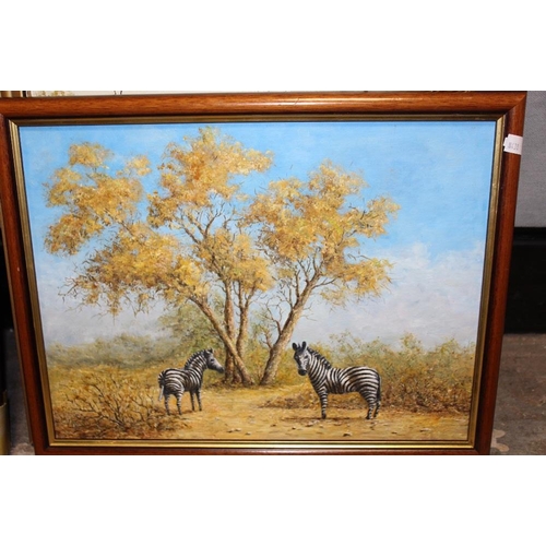 58 - THREE ASSORTED OIL PAINTINGS TO INCLUDE AN OIL ON BOARD OF A COUNTRY LANDSCAPE SIGNED SWAIN, ZEBRAS ... 