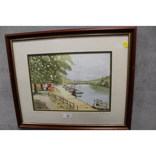 59 - TWO FRAMED AND GLAZED WATERCOLOURS - 'THE RIVER DEE - CHESTER' BY CHRIS BEASLEY AND 'SNOWDON' BY TIN... 