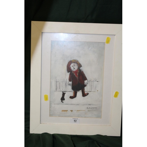 62 - A FRAMED AND GLAZED PICTURE OF A FIGURE WITH A CAT BEFORE RAILINGS, SIGNED LOWER RIGHT