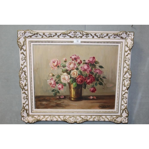 65 - A FRAMED STILL LIFE OIL ON CANVAS STUDY OF ROSES IN A VASE INDISTINCTLY SIGNED LOWER RIGHT SIZE - 49... 