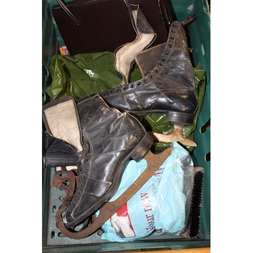 159 - A SUITCASE AND A BOX OF VINTAGE CLOTHING TO INCLUDE VINTAGE ICE SKATES, UNION JACK FLAG ETC.