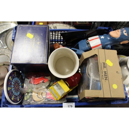 179 - FOUR SMALL TRAYS OF COLLECTABLES TO INCLUDE JEWELLERY BOXES, SMALL TONKA TRUCK, AND DRESSING TABLE I... 