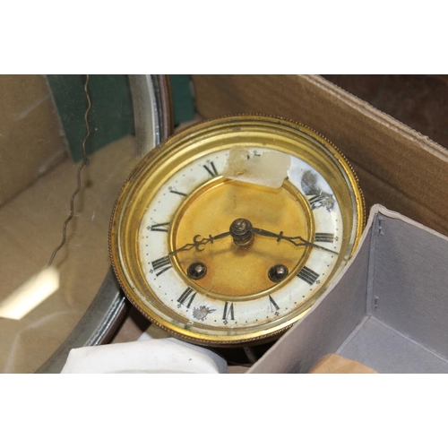 182 - TWO CIRCULAR WALL CLOCKS TOGETHER WITH AN ANTIQUE CLOCK MOVEMENT ETC.