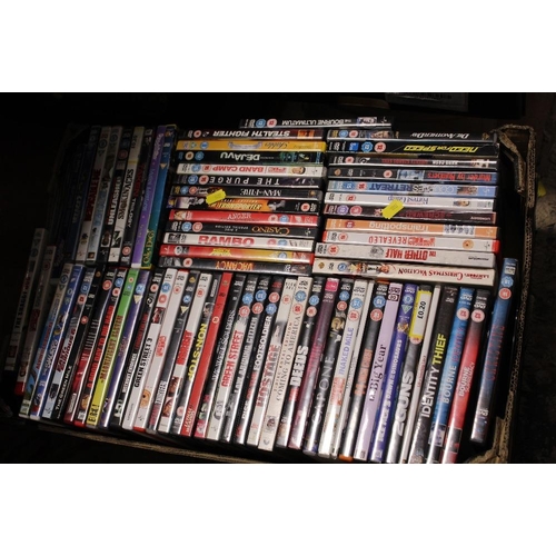 190 - THREE TRAYS OF DVDS, CDS ETC.