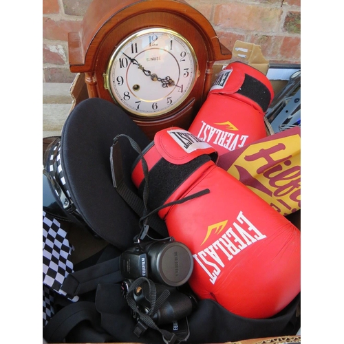 162 - TWO TRAYS OF COLLECTABLES TO INCLUDE POLICE HAT ETC, CLOCK, BOXING GLOVES, GRAPHICS CARD FAN ETC