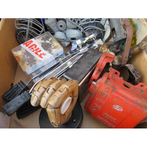 162 - TWO TRAYS OF COLLECTABLES TO INCLUDE POLICE HAT ETC, CLOCK, BOXING GLOVES, GRAPHICS CARD FAN ETC