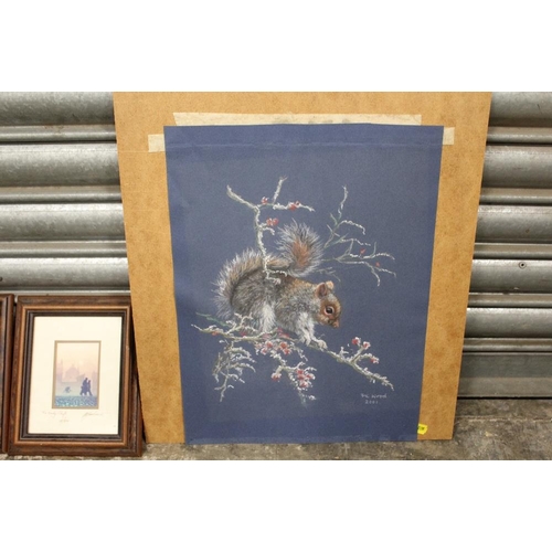 12 - A UNFRAMED PASTEL PICTURE OF A SQUIRREL ON A BRANCH TOGETHER WITH TWO SIGNED LIMITED EDITION GLYN MA... 