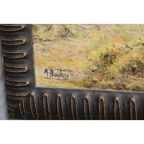 37 - THREE EASTERN STYLE OIL ON CANVAS, TO INCLUDE A STREET SCENE WITH FIGURES, ALL SIGNED A. BAITEM