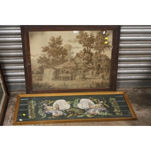 32 - AN ANTIQUE OAK FRAMED AND GLAZED TAPESTRY DEPICTING A WATERMILL TOGETHER WITH A GILT FRAMED EXAMPLE ... 