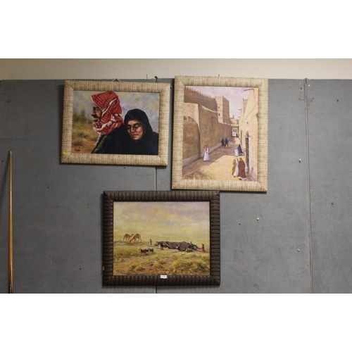37 - THREE EASTERN STYLE OIL ON CANVAS, TO INCLUDE A STREET SCENE WITH FIGURES, ALL SIGNED A. BAITEM