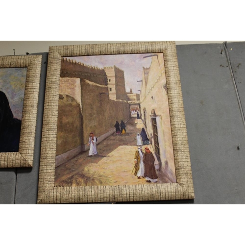 37 - THREE EASTERN STYLE OIL ON CANVAS, TO INCLUDE A STREET SCENE WITH FIGURES, ALL SIGNED A. BAITEM
