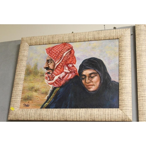 37 - THREE EASTERN STYLE OIL ON CANVAS, TO INCLUDE A STREET SCENE WITH FIGURES, ALL SIGNED A. BAITEM