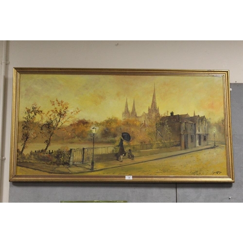 45 - A LARGE GILT FRAMED OIL ON BOARD DEPICTING A WOMAN WITH DOG BY RAILINGS, BY CAVAN CORRIGAN, SIGNED L... 