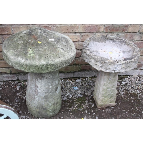 690 - A LARGE STONEWARE MUSHROOM - H 71 CM, TOGETHER WITH A BIRDBATH WITH DAMAGE