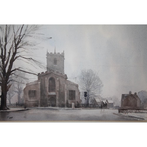 101 - T. CARR (XX). British school, Wintery village scene with figures before a church, signed lower left,... 
