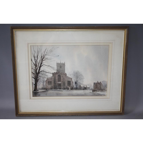 101 - T. CARR (XX). British school, Wintery village scene with figures before a church, signed lower left,... 