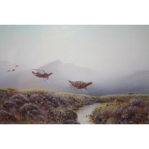 102 - T. LAW (XX). Early 20th century British school, misty mountainous moorland scene with grouse in flig... 