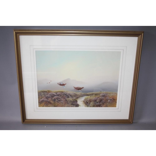 102 - T. LAW (XX). Early 20th century British school, misty mountainous moorland scene with grouse in flig... 