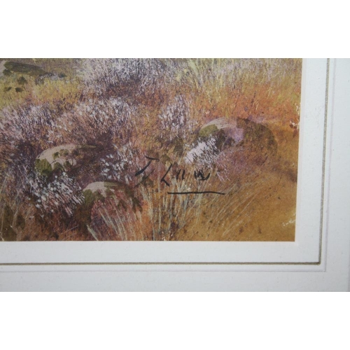 102 - T. LAW (XX). Early 20th century British school, misty mountainous moorland scene with grouse in flig... 