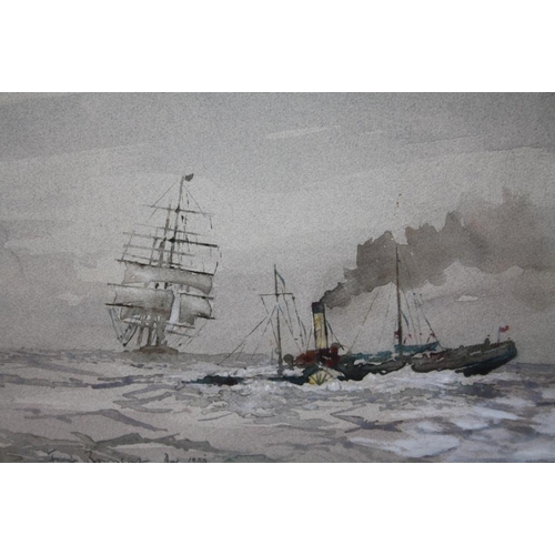 103 - AFTER FRANK BRANGWYN (1867-1956). Sailing vessel and paddle steamer in a choppy sea, bears signature... 