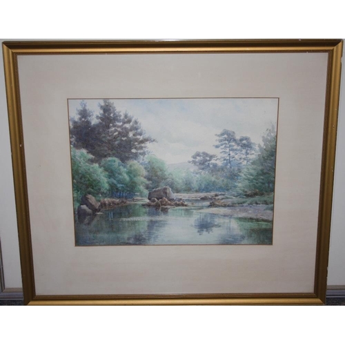 107 - JAMES WILLIAM STAMPER (1873-1947). A river landscape, signed lower left, watercolour, gilt framed an... 