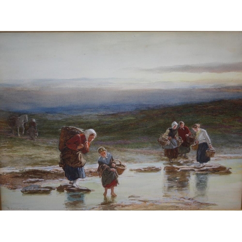 108 - ROBERT CARRICK (c.1829-1904). Mussel gathering, signed lower left and dated 1877, watercolour, gilt ... 