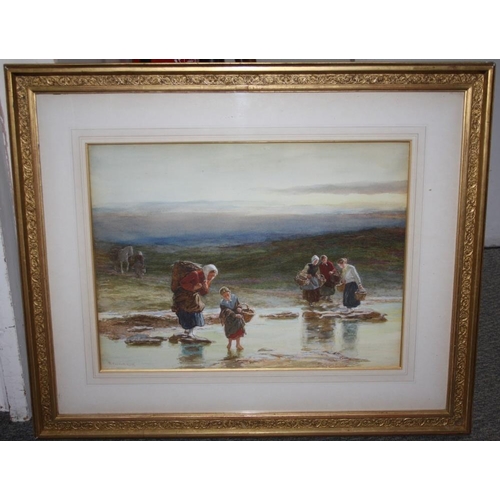 108 - ROBERT CARRICK (c.1829-1904). Mussel gathering, signed lower left and dated 1877, watercolour, gilt ... 