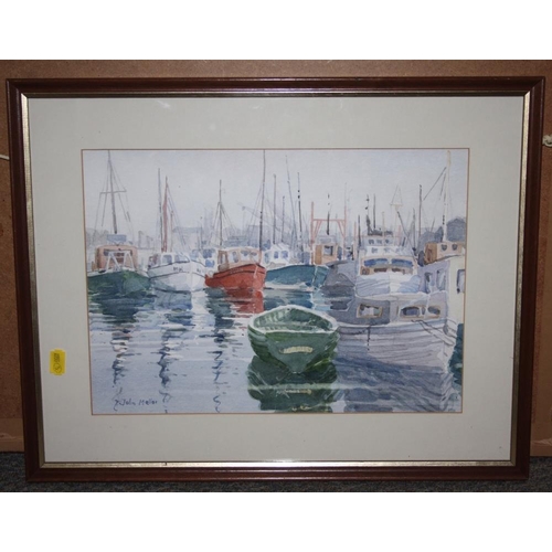 112 - JOHN MELLOR (1862-1929). 'Boats at Plymouth', signed lower left, watercolour, framed and glazed, 25 ... 