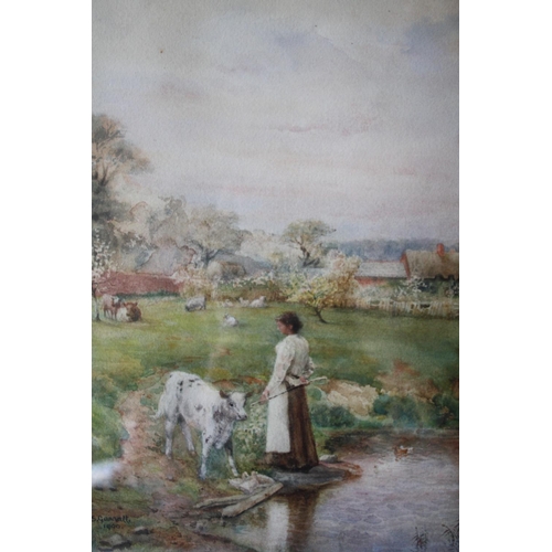 117 - S. GARRATT (XIX-XX). Rural farmstead scene with cattle, sheep and woman with calf by a pond, signed ... 