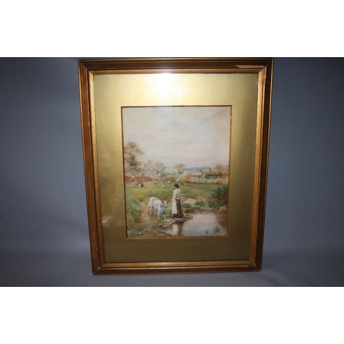 117 - S. GARRATT (XIX-XX). Rural farmstead scene with cattle, sheep and woman with calf by a pond, signed ... 