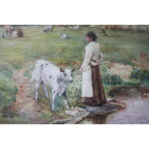 117 - S. GARRATT (XIX-XX). Rural farmstead scene with cattle, sheep and woman with calf by a pond, signed ... 