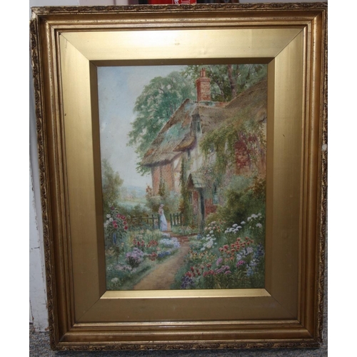 118 - ENGLISH SCHOOL (XX). An English country cottage and garden, signed lower right but indistinct, water... 