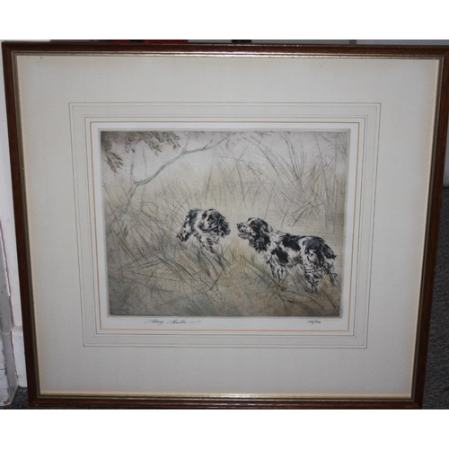 12 - HENRY WILKINSON (1921-2011). Spaniels, etching in colours, signed in pencil, No 105/150, framed and ... 