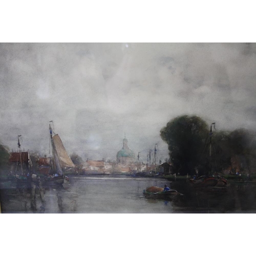 120 - JOHN ERNEST AITKEN (1881-1957). 'The Rhine, Leiden, Holland', see label verso, with boats and figure... 