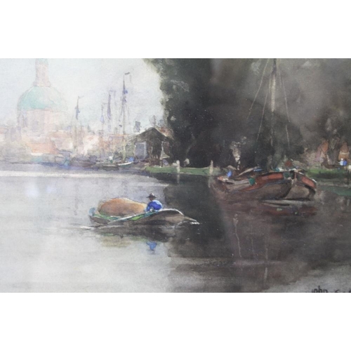 120 - JOHN ERNEST AITKEN (1881-1957). 'The Rhine, Leiden, Holland', see label verso, with boats and figure... 