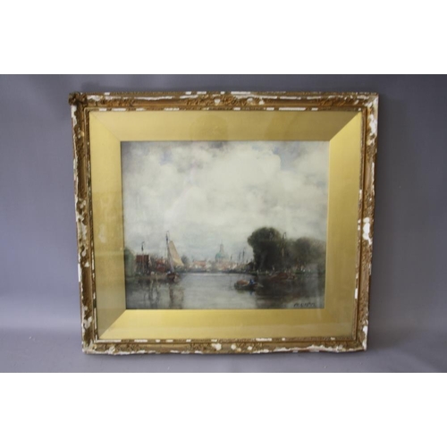 120 - JOHN ERNEST AITKEN (1881-1957). 'The Rhine, Leiden, Holland', see label verso, with boats and figure... 
