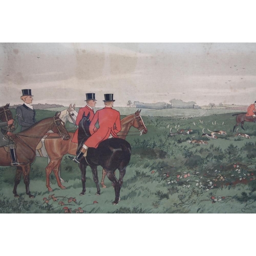 25 - CHAS E. BALDOCK (XIX-XX). A set of three framed and glazed landscape hunting prints with huntsmen an... 